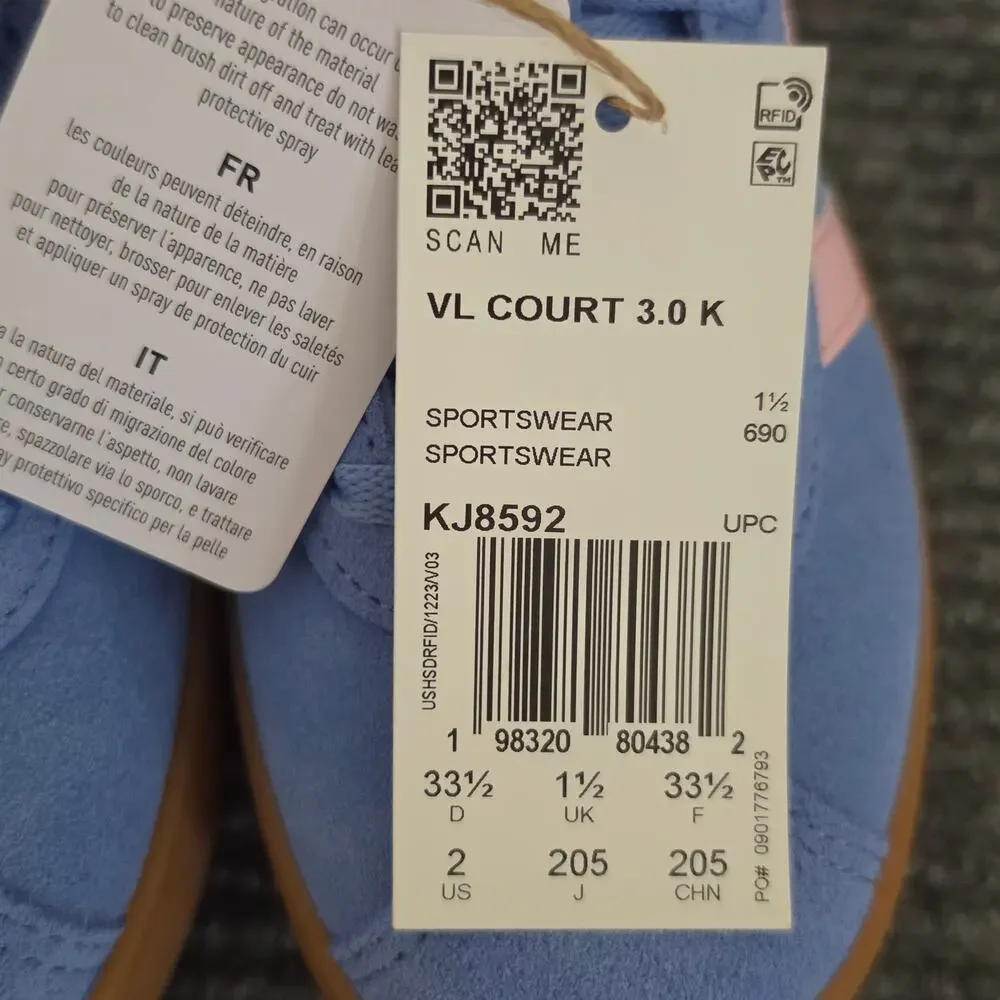 Adidas VL Court 3.0 Kid's Size 2 Lace-Up Sneakers Blue Pink New In Box